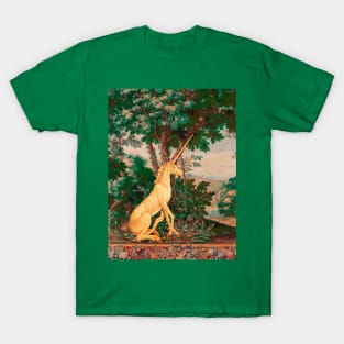 UNICORN IN WOODLAND LANDSCAPE AMONG GREENERY AND TREES Pink Green Hues T-Shirt